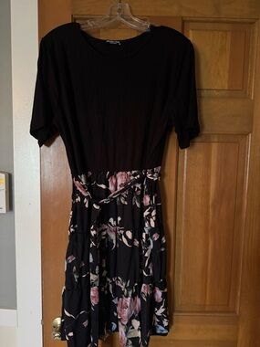 HEIMISH USA Black Dress With Beautiful Floral Skirt. NWT